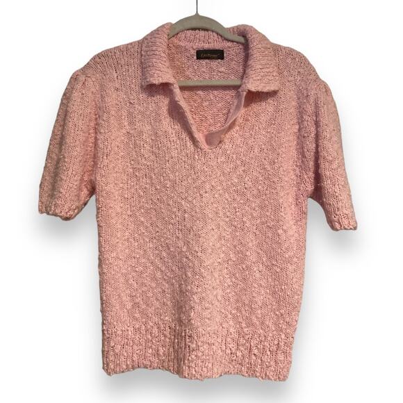 Women's Vintage Epitome Chic Fuzzy Pink Short Sleeve Polo Top Blouse Size Medium - Picture 1 of 16